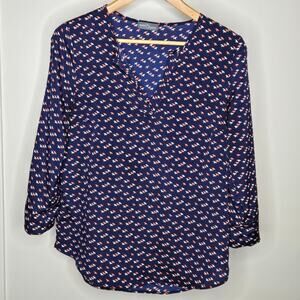 MAKET & Spruce Navy Blue Bird Printed Vneck Tunic Blouse Size Small